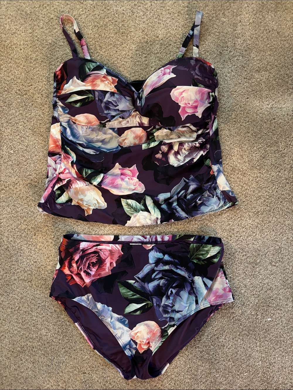 Purple Floral Tankini Top with Removable Straps and Full Bottom Coverage